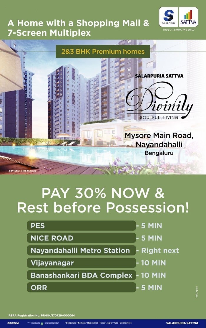 Pay 30% now and rest before possession at Salarpuria Sattva Divinity in Bangalore